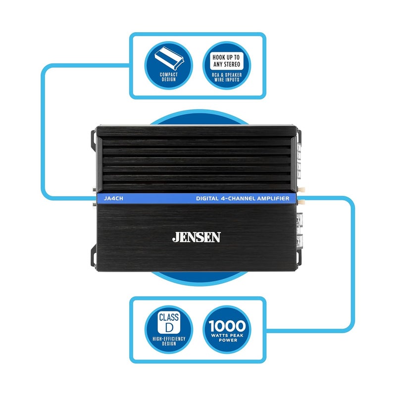 Jensen JA4CH Class-D 4-Channel Car Audio Amplifier | Motorcycle, ATV/UTV, Golf Cart Audio | 1,000 Watts Peak Power | Efficient Compact Design | Bridegeable - Image 3